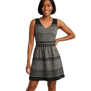 Lapis Medium Black White Fit & Flare Knee Length Cap Sleeve Dress Lightweight